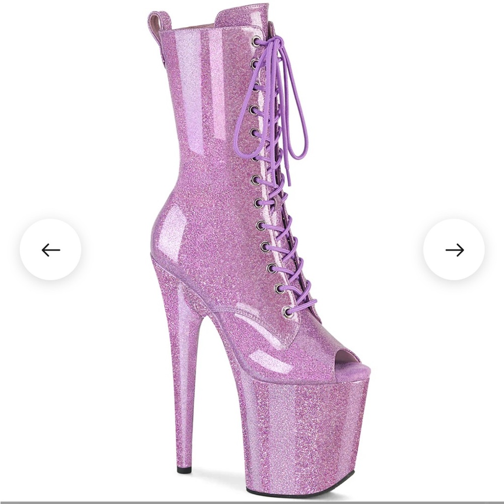 Used Flamingo 8” Pleaser size 10 Lilac glitter color patent open toe boots